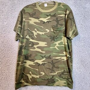 VINTAGE Military 80s Camo T Shirt Size M/L Pocket Tee 50/50 USA Army Desert